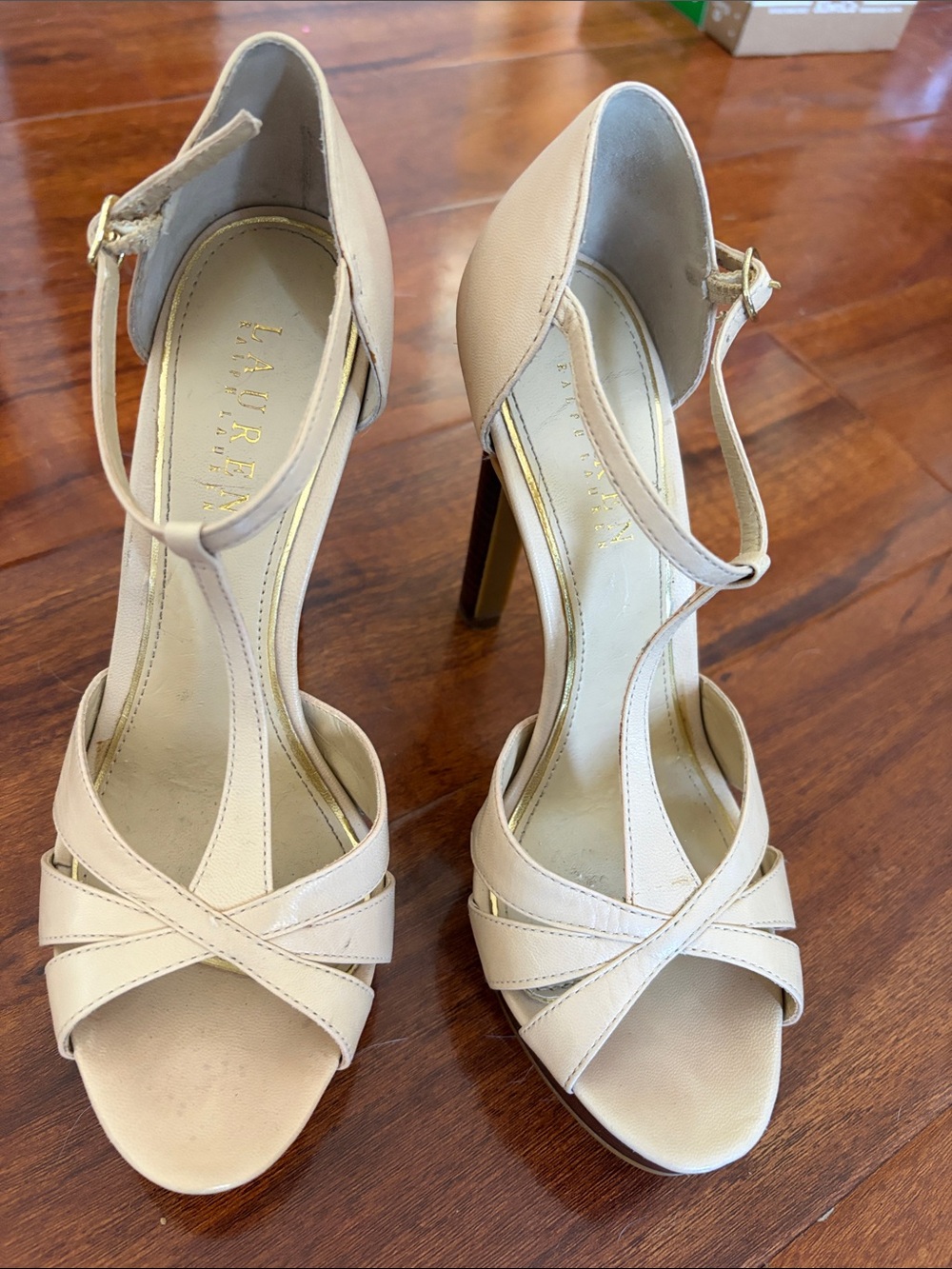 Ralph Lauren Beige T-Strap High Heel Sandals